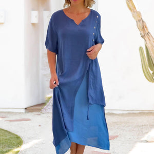 Damen V-Ausschnitt unregelmäßigem Saum kurzen Ärmeln Kleid
