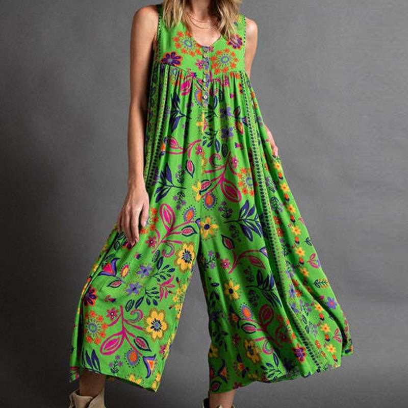 Vintage Bedruckter Ärmelloser Jumpsuit