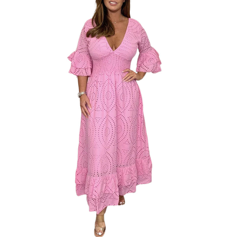 Lockeres einfarbiges Kleid mit V-Ausschnitt und hoher Taille