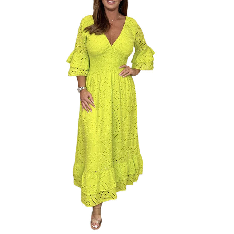 Lockeres einfarbiges Kleid mit V-Ausschnitt und hoher Taille