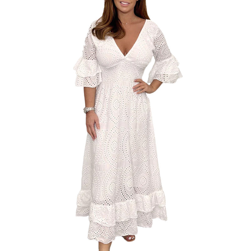 Lockeres einfarbiges Kleid mit V-Ausschnitt und hoher Taille