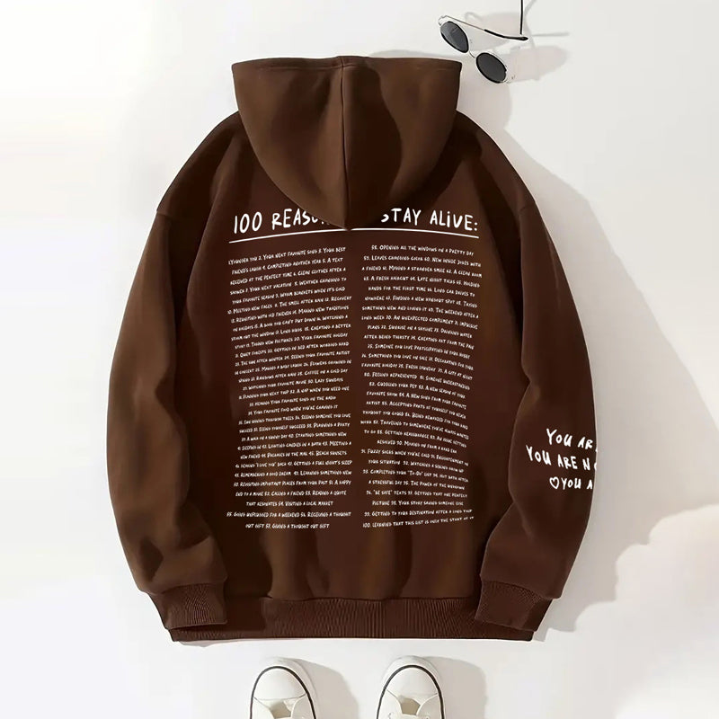 Sweatshirt '100 Gründe, am Leben zu bleiben'.
