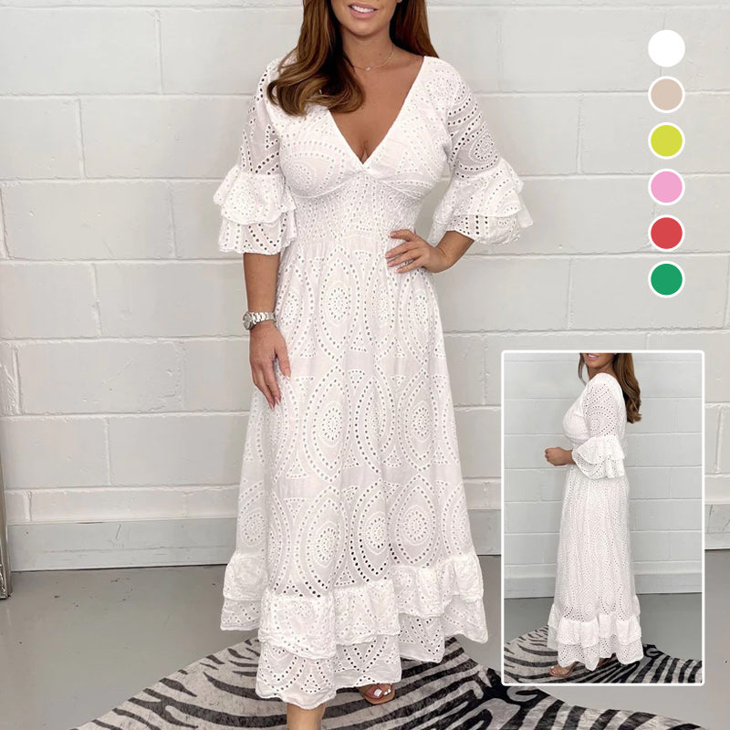 Lockeres einfarbiges Kleid mit V-Ausschnitt und hoher Taille
