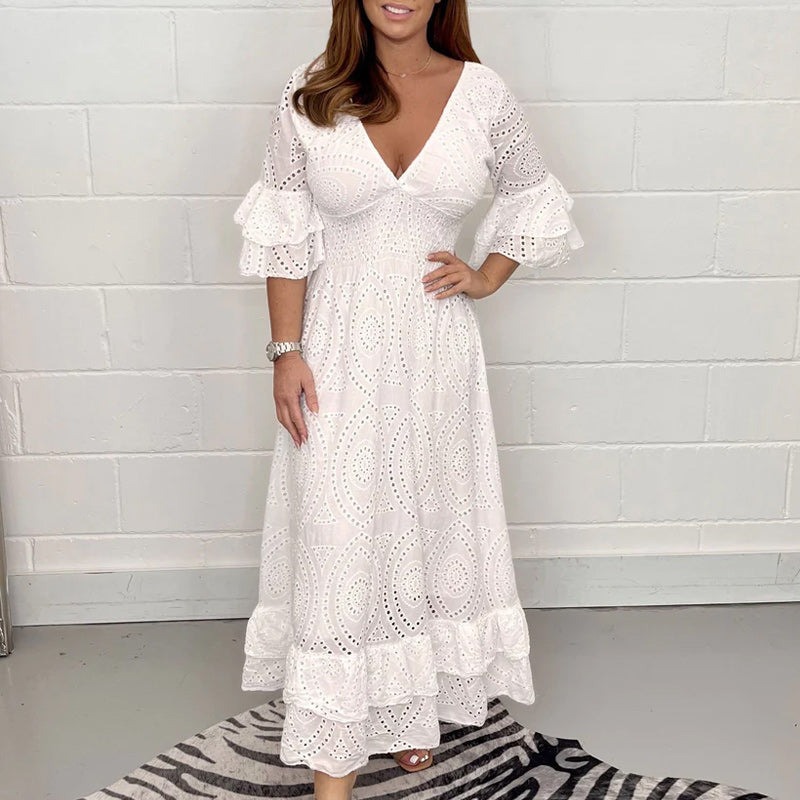 Lockeres einfarbiges Kleid mit V-Ausschnitt und hoher Taille